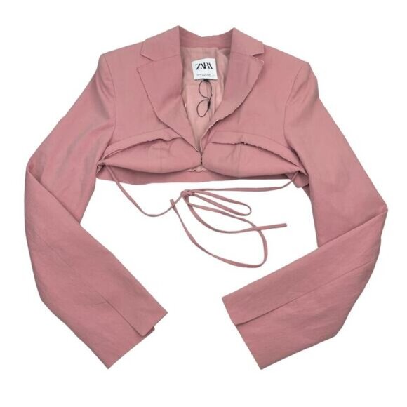 ZARA Cropped Stitch Detail Blazer Sz Medium Pink - Picture 7 of 9